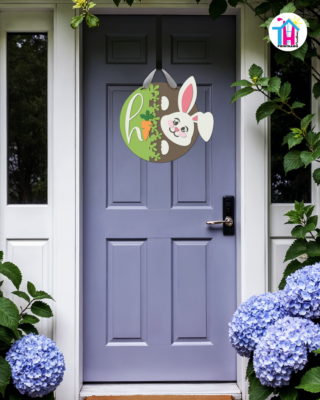 Bunny - Easter Door Hanger By Printhaws Creations, 16" Round Wooden Front Door Sign, Layered Hand-Painted Entryway Decor