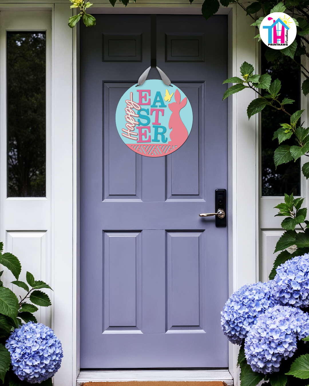 Butterfly - Easter Door Hanger By Printhaws Creations, 16" Round Wooden Front Door Sign, Layered Hand-Painted Entryway Decor