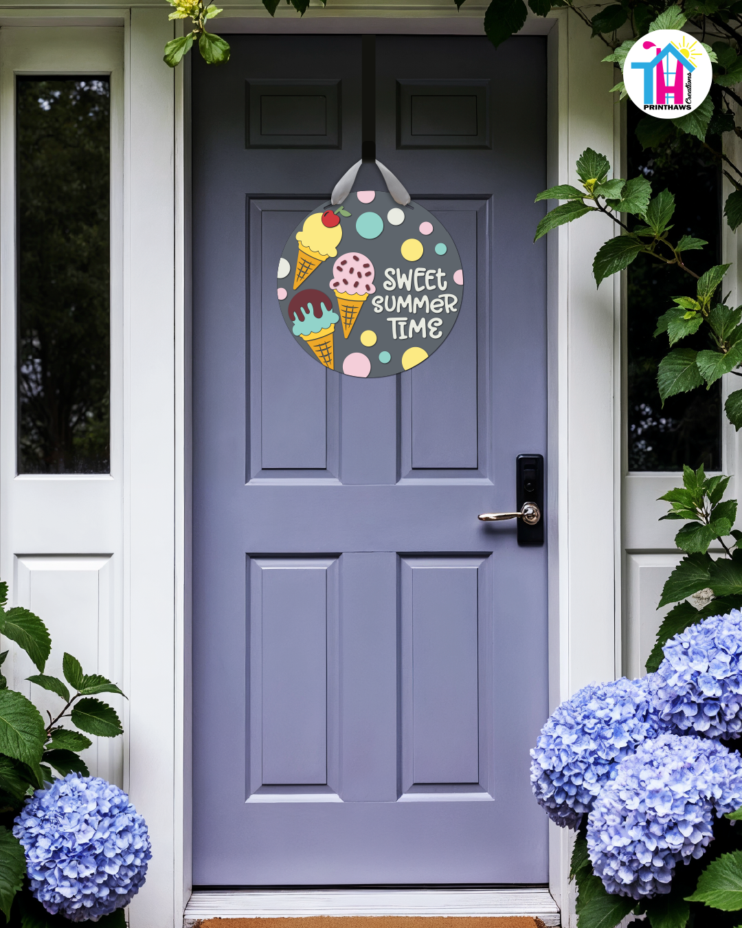 Ice Cream - Summer Door Hanger By Printhaws Creations, 16" Round Wooden Front Door Sign, Layered Hand-Painted Entryway Decor