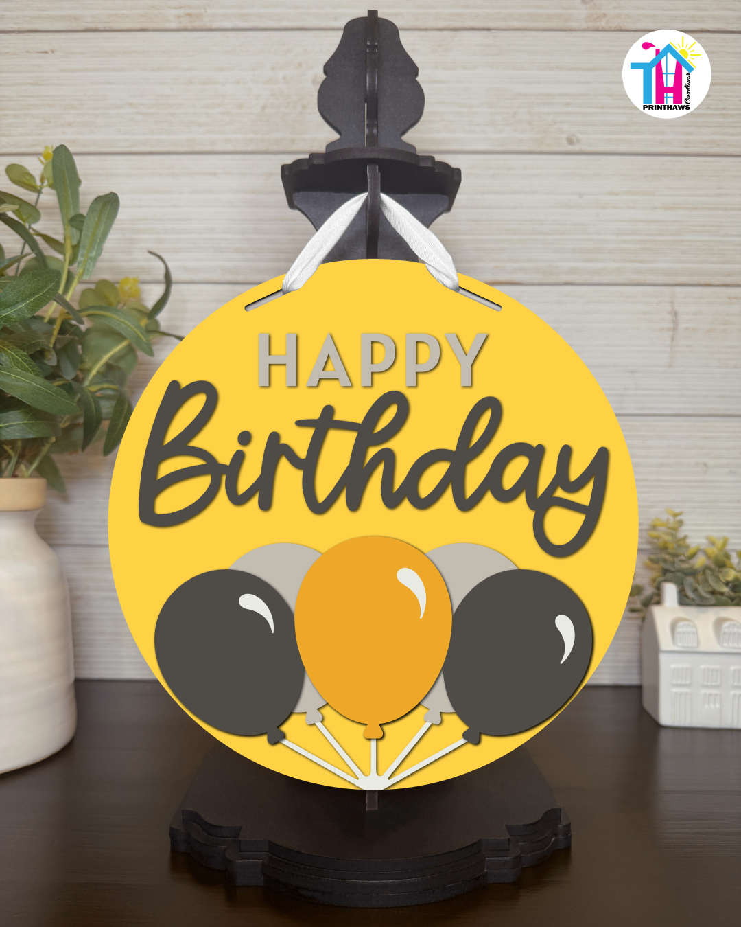 Golden Gala - Birthday Tabletop Decor By Printhaws Creations, 10" Round Wooden Shelf Sign, Layered Hand-Painted Home Decor