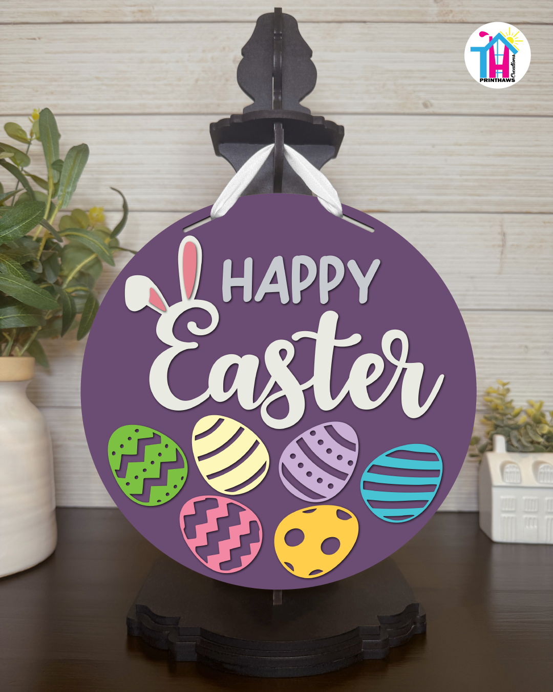 Eggs - Easter Tabletop Decor By Printhaws Creations, 10" Round Wooden Shelf Sign, Layered Hand-Painted Home Decor