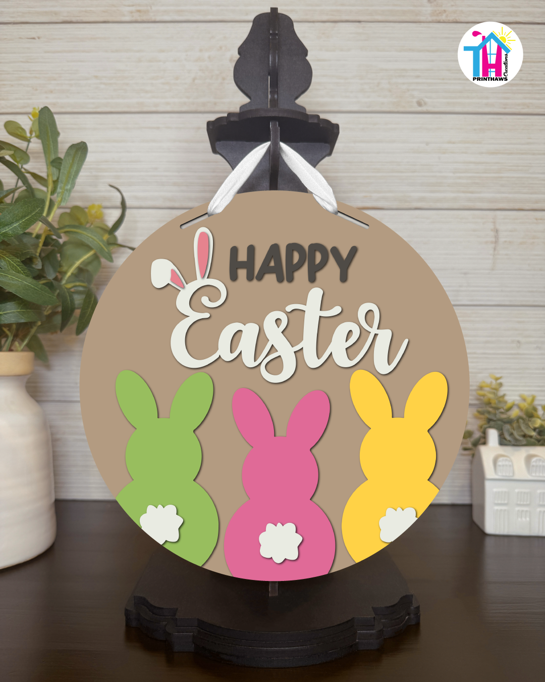 Fluffles - Easter Tabletop Decor By Printhaws Creations, 10" Round Wooden Shelf Sign, Layered Hand-Painted Home Decor