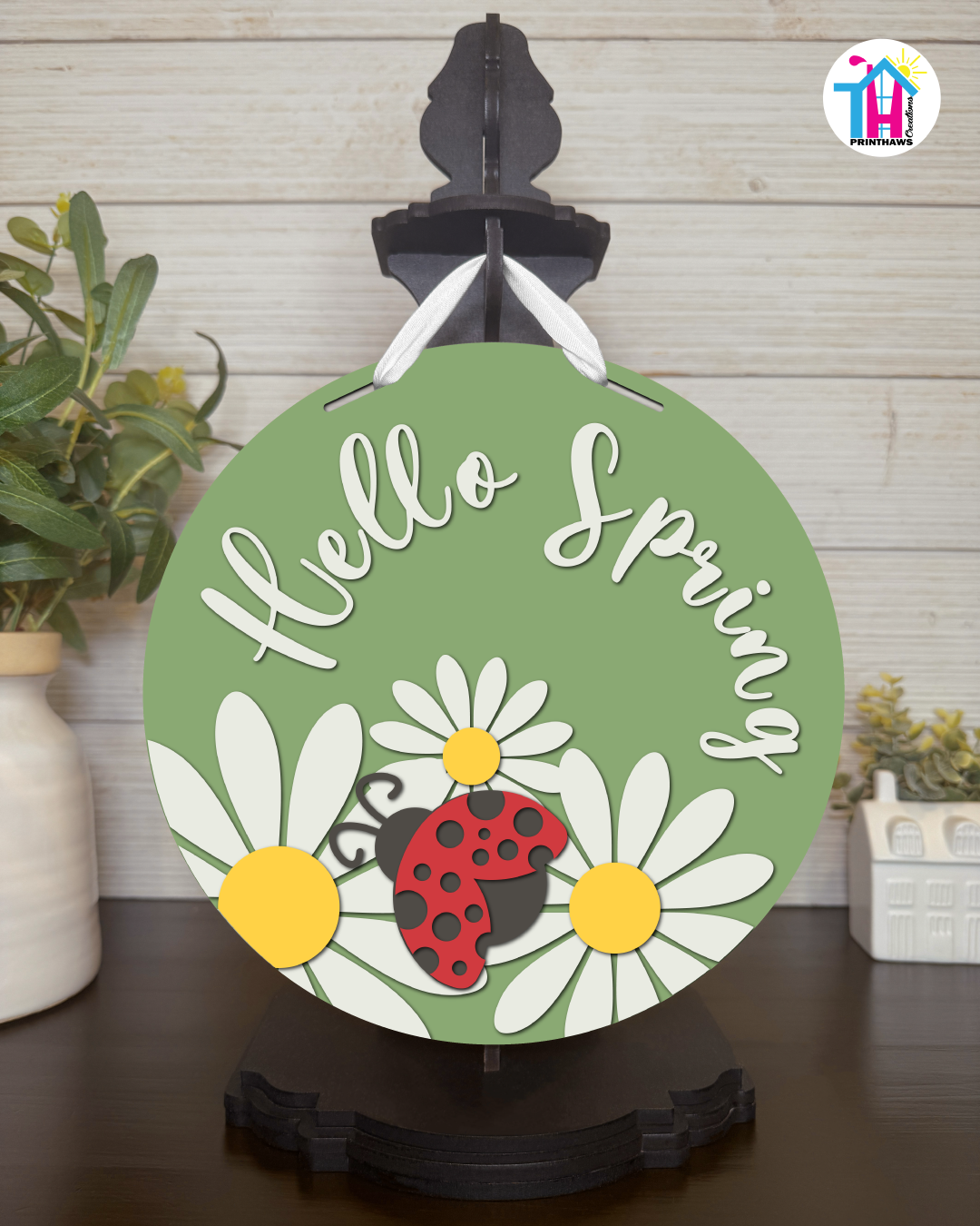 Ladybug - Spring Tabletop Decor By Printhaws Creations, 10" Round Wooden Shelf Sign, Layered Hand-Painted Home Decor