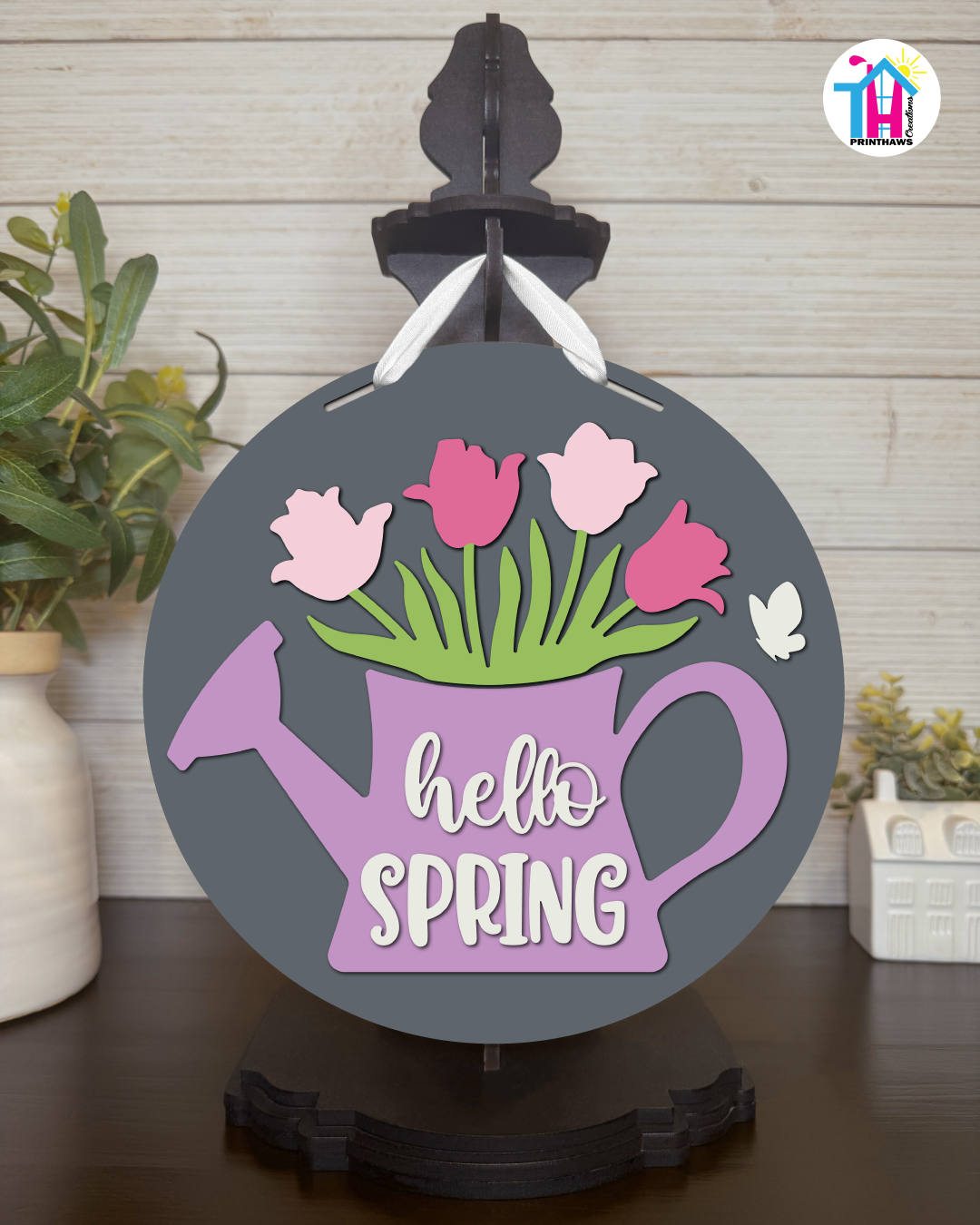 Watering Can - Spring Tabletop Decor By Printhaws Creations, 10" Round Wooden Shelf Sign, Layered Hand-Painted Home Decor