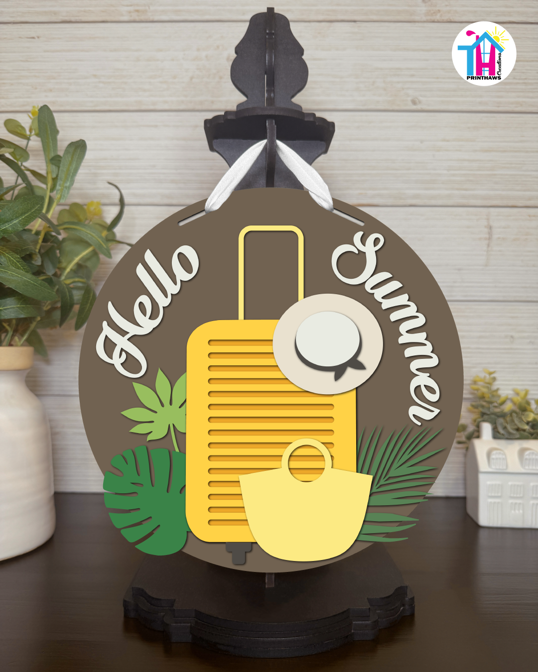 Luggage - Summer Tabletop Decor By Printhaws Creations, 10" Round Wooden Shelf Sign, Layered Hand-Painted Home Decor