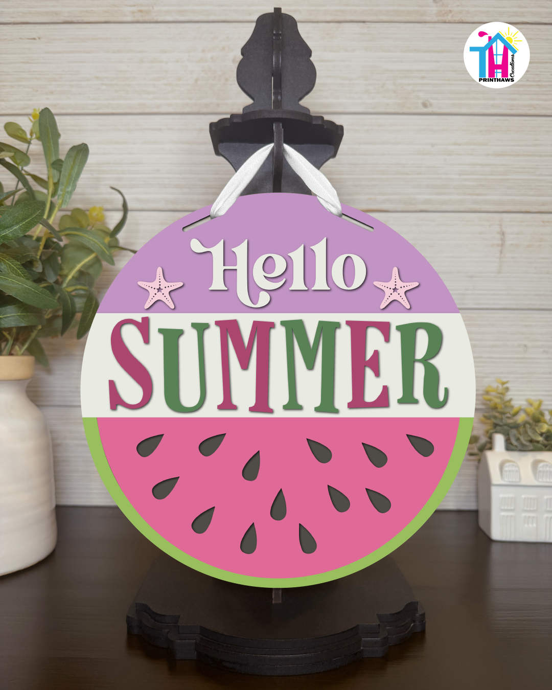 Watermelon - Summer Tabletop Decor By Printhaws Creations, 10" Round Wooden Shelf Sign, Layered Hand-Painted Home Decor