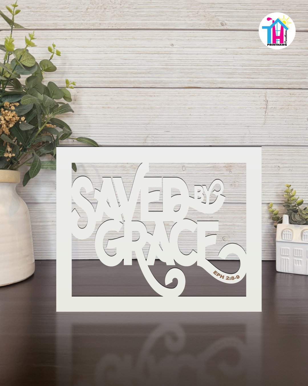 Saved By Grace - Faith Silhouette Versatile Decor By Printhaws Creations, Laser-Cut Wooden Tabletop or Wall Sign, Open-Cut Christian Home Decor