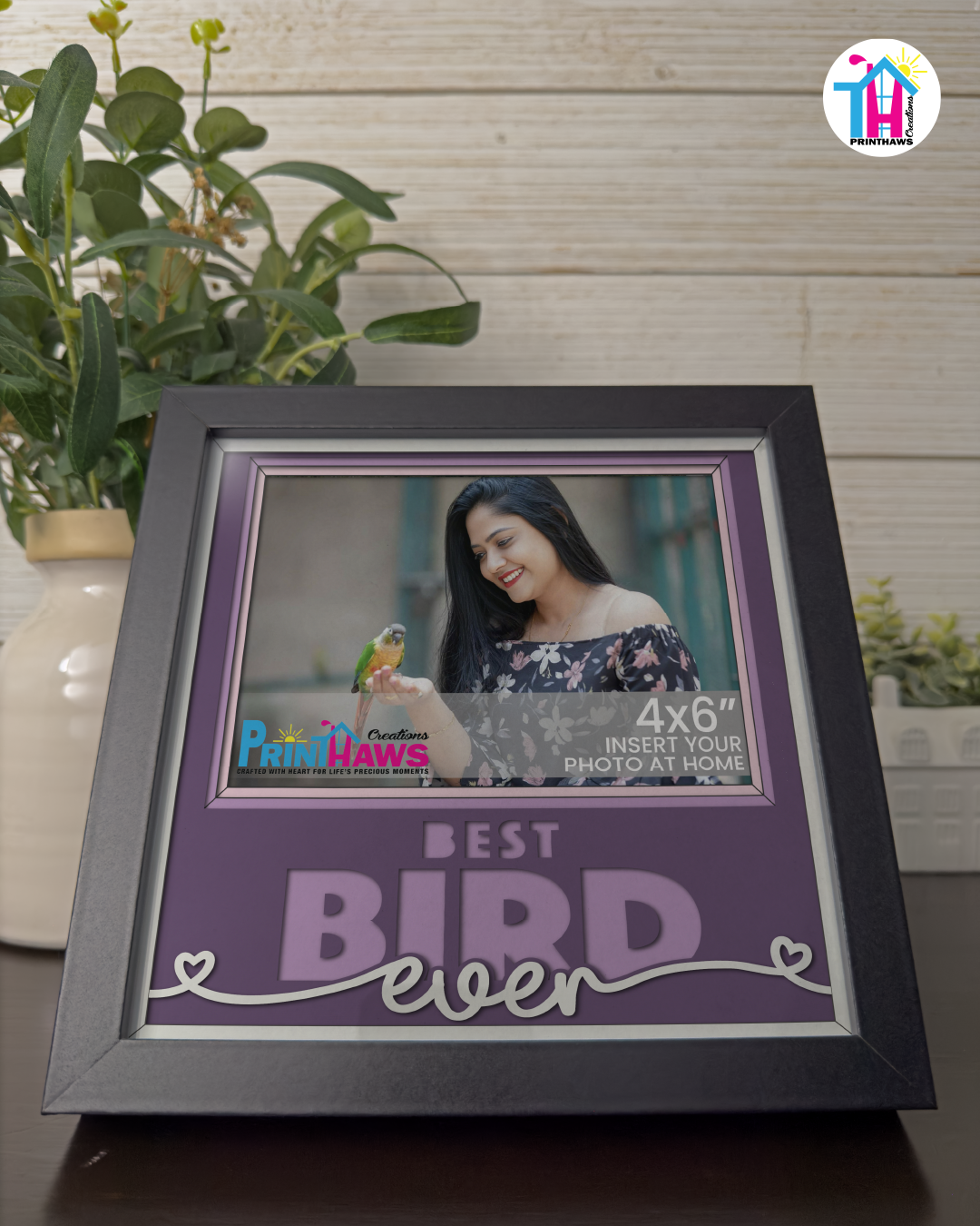 Best Bird Ever - Crafted Memoirs Photo Frame By Printhaws Creations, Reclined View Of Matte Black Frame In Amethyst Purple, Midnight Joy Theme (Dark, Radiant), 8x8 Frame Holds (4R) Photo -  For Your Pets