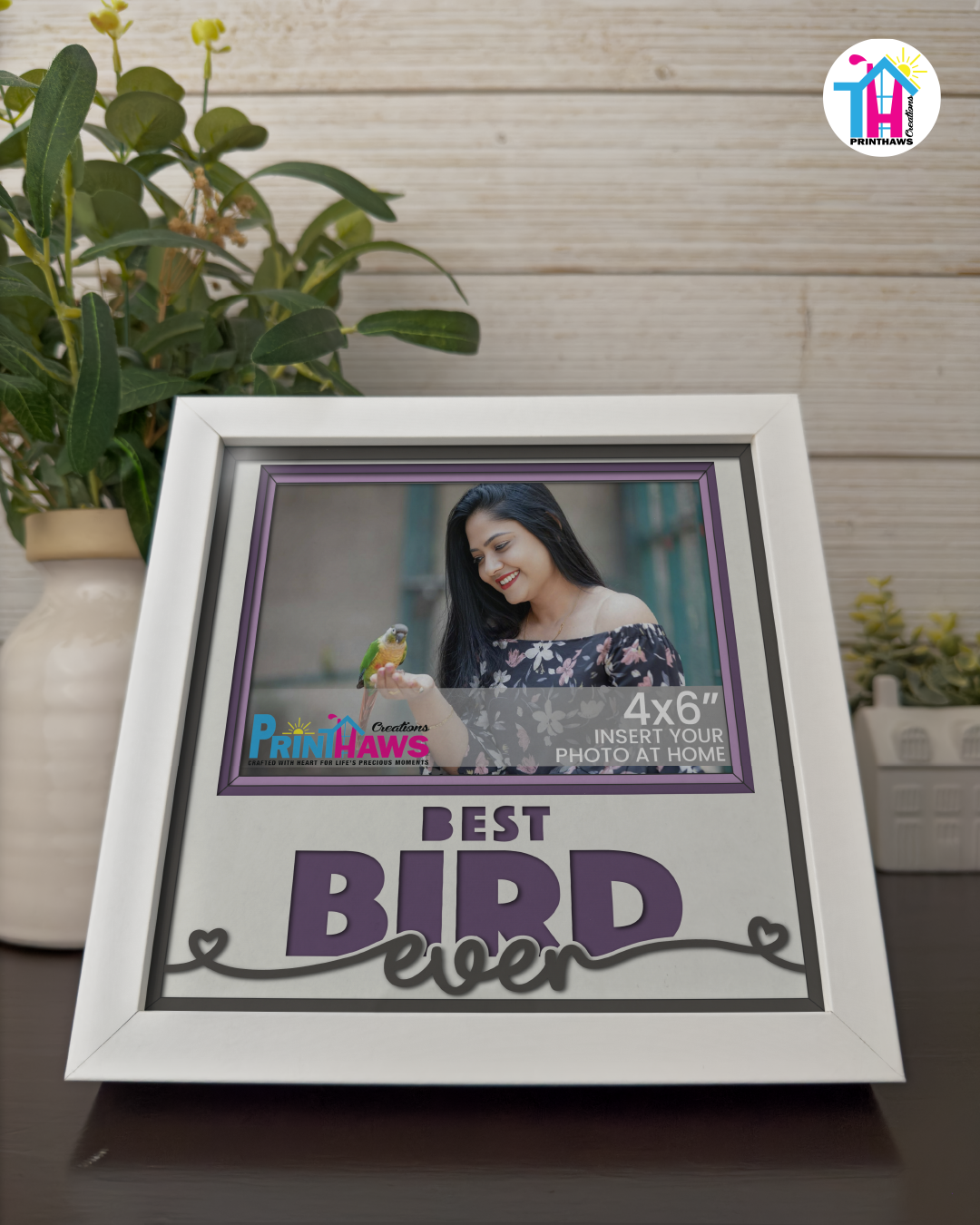 Best Bird Ever - Crafted Memoirs Photo Frame By Printhaws Creations, Reclined View Of Matte White Frame In Amethyst Purple, Midnight Joy Theme (Dark, Radiant), 8x8 Frame Holds (4R) Photo -  For Your Pets