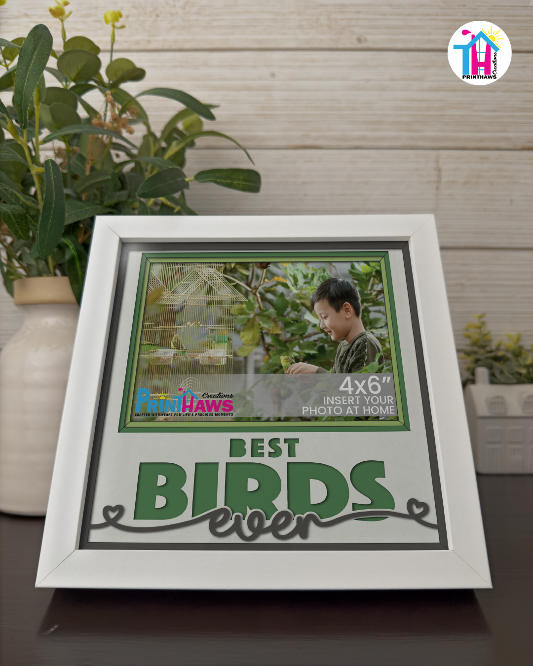 Best Birds Ever - Crafted Memoirs Photo Frame By Printhaws Creations, Reclined View Of Matte White Frame In Emerald Green, Midnight Joy Theme (Dark, Radiant), 8x8 Frame Holds (4R) Photo -  For Your Pets