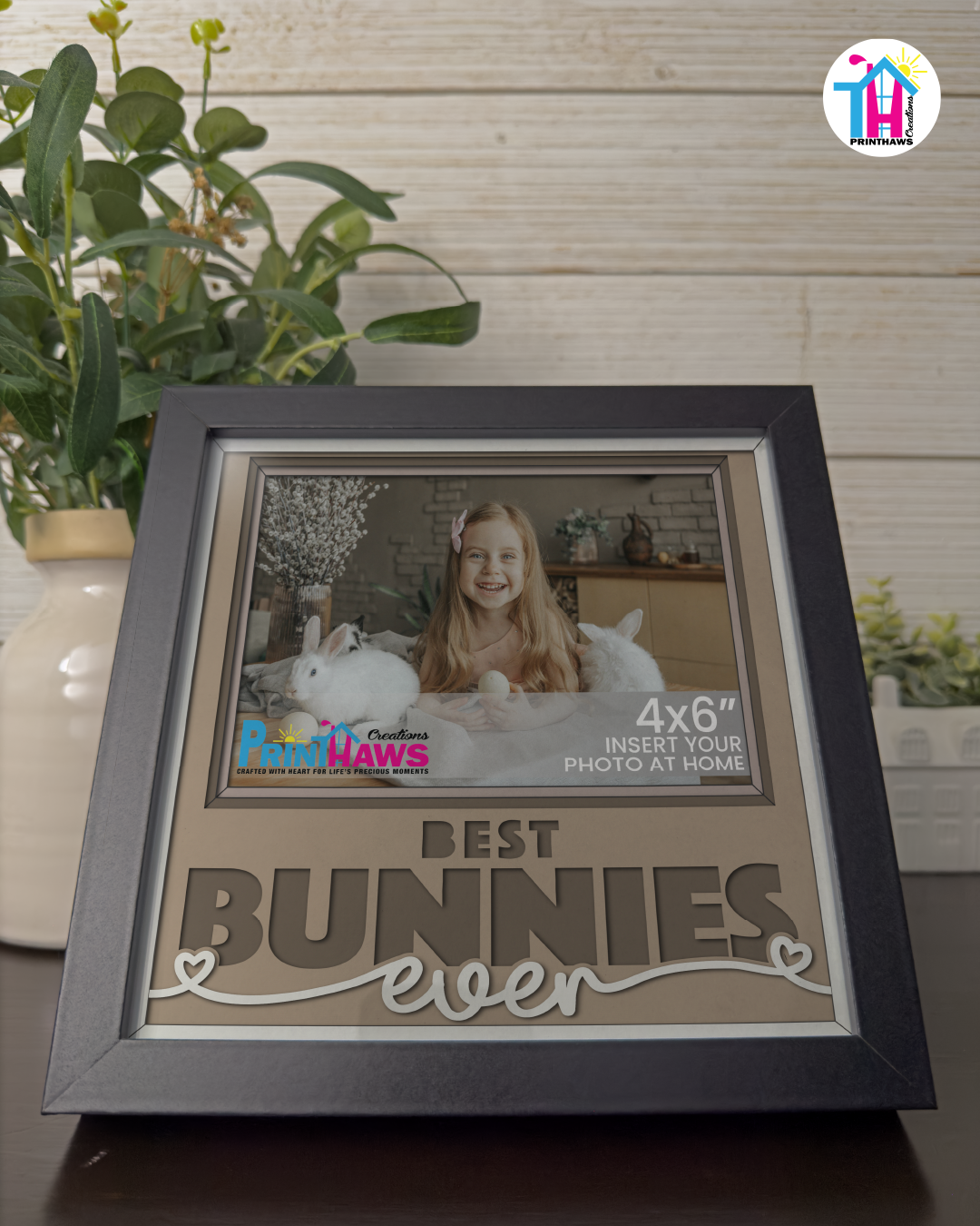 Best Bunnies Ever - Crafted Memoirs Photo Frame By Printhaws Creations, Reclined View Of Matte Black Frame In Boulder Brown, Sunbeam Bliss Theme (Light, Radiant), 8x8 Frame Holds (4R) Photo -  For Your Pets