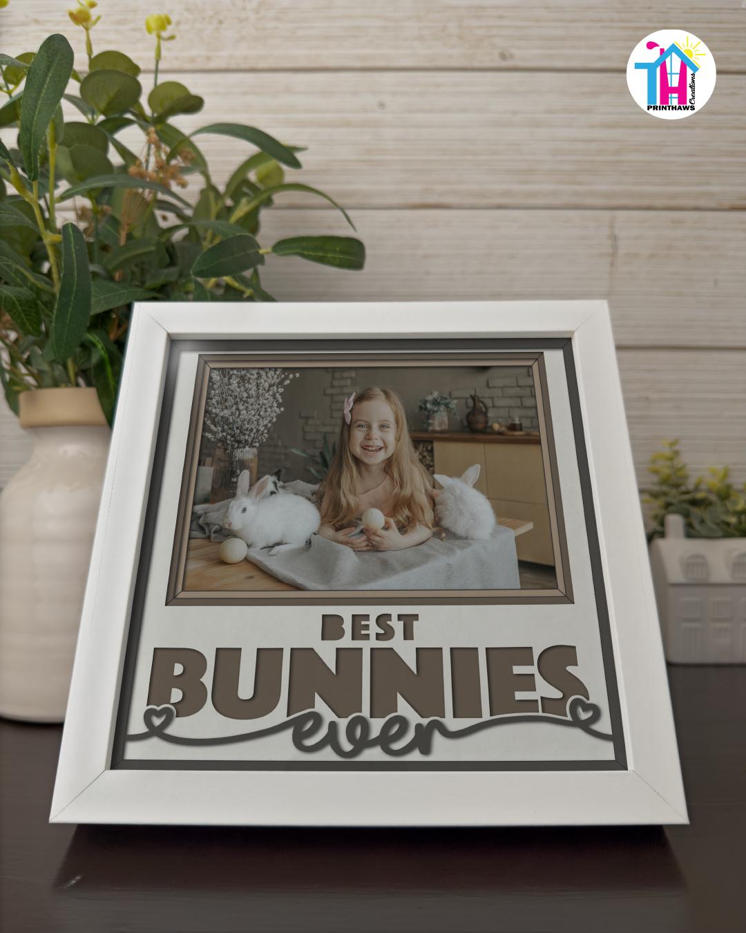 Best Bunnies Ever - Crafted Memoirs Photo Frame By Printhaws Creations, Reclined View Of Matte White Frame In Boulder Brown, Midnight Joy Theme (Dark, Radiant), 8x8 Frame Holds (4R) Photo -  For Your Pets