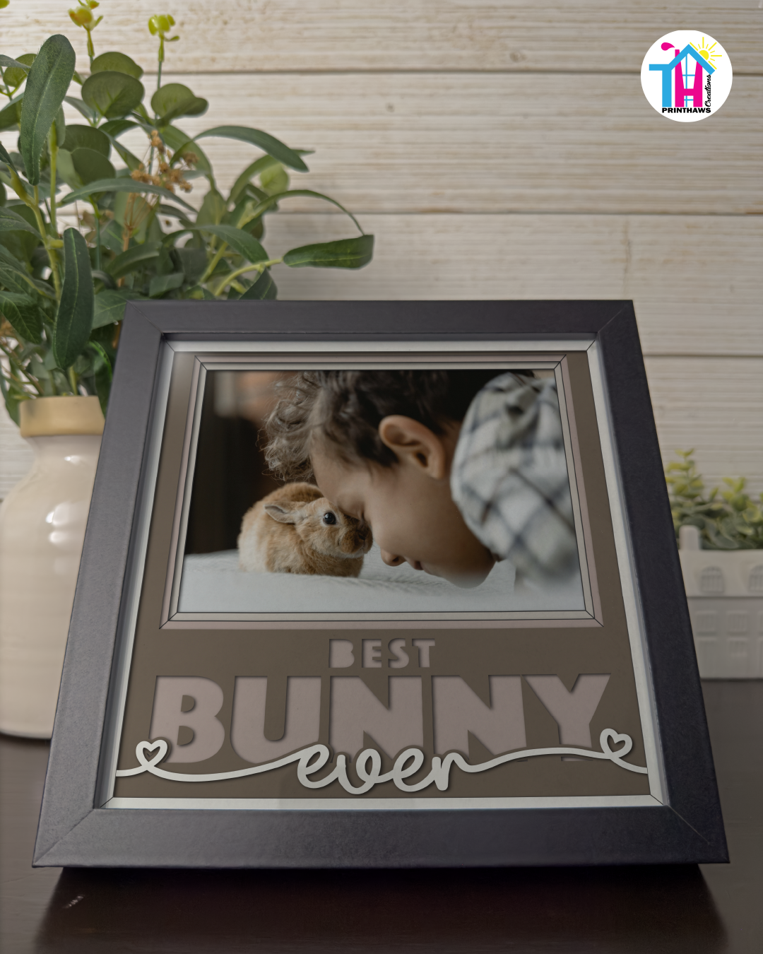 Best Bunny Ever - Crafted Memoirs Photo Frame By Printhaws Creations, Reclined View Of Matte Black Frame In Boulder Brown, Midnight Joy Theme (Dark, Radiant), 8x8 Frame Holds (4R) Photo -  For Your Pets