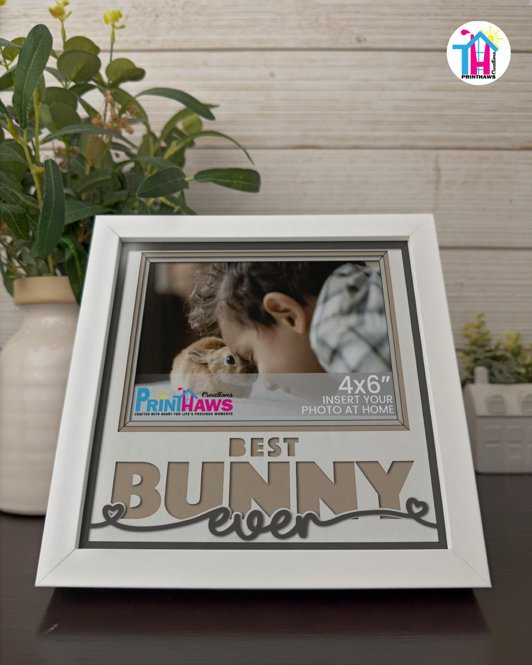 Best Bunny Ever - Crafted Memoirs Photo Frame By Printhaws Creations, Reclined View Of Matte White Frame In Boulder Brown, Sunbeam Bliss Theme (Light, Radiant), 8x8 Frame Holds (4R) Photo -  For Your Pets