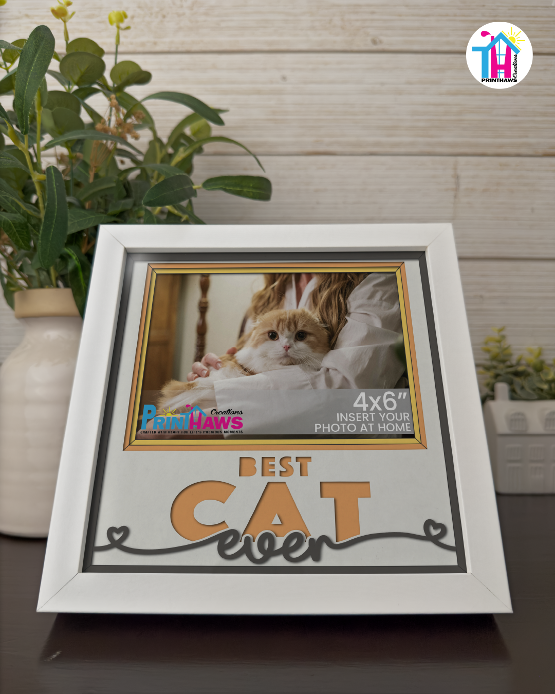 Best Cat Ever - Crafted Memoirs Photo Frame By Printhaws Creations, Matte Reclined View Of White Frame In Citrine Orange, Sunbeam Bliss Theme (Light, Radiant), 8x8 Frame Holds (4R) Photo -  For Your Pets