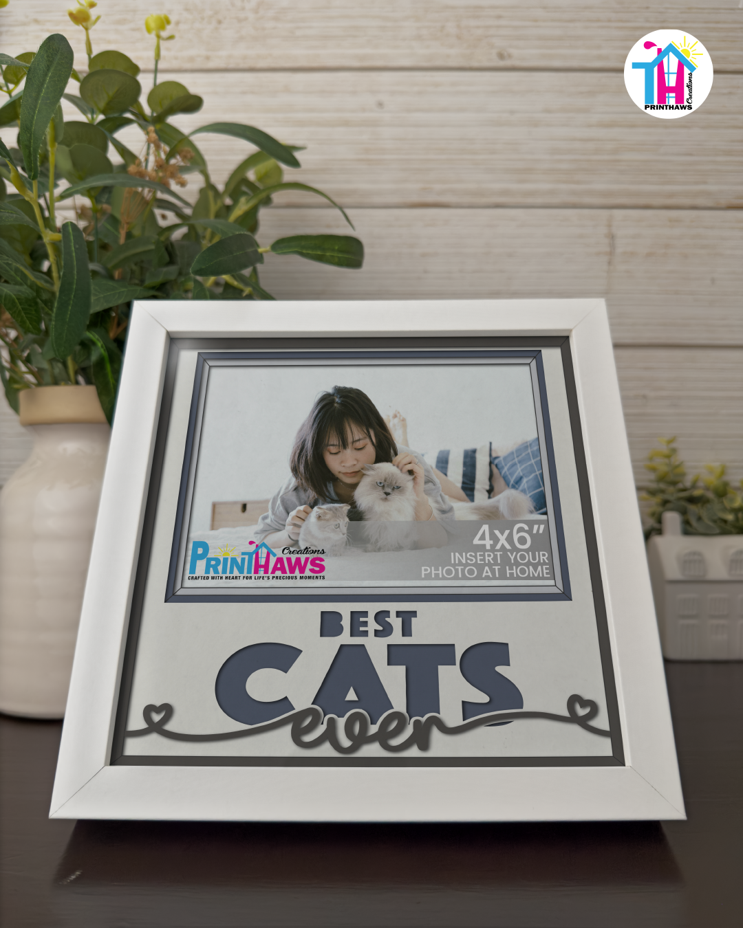Best Cats Ever - Crafted Memoirs Photo Frame By Printhaws Creations, Reclined View Of Matte White Frame In Moonstone Gray, Midnight Joy Theme (Dark, Radiant), 8x8 Frame Holds (4R) Photo -  For Your Pets