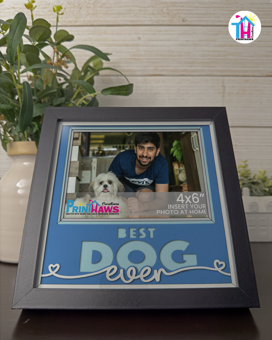 Best Dog Ever - Crafted Memoirs Photo Frame By Printhaws Creations, Reclined View Of Matte Black Frame In Sapphire Blue, Midnight Joy Theme (Dark, Radiant), 8x8 Frame Holds (4R) Photo -  For Your Pets