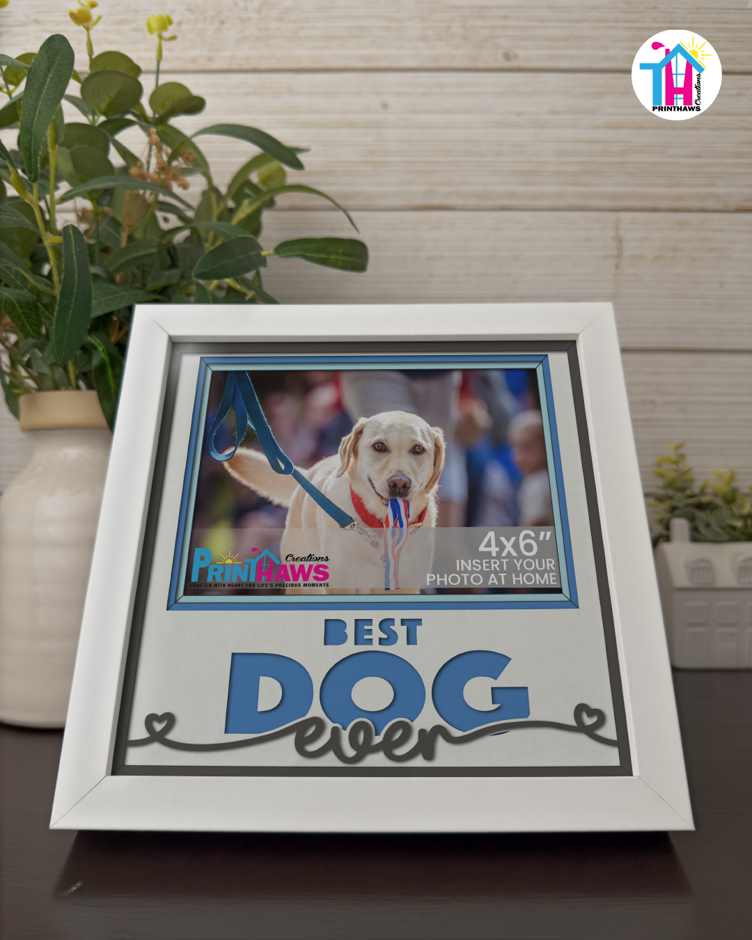 Best Dog Ever - Crafted Memoirs Photo Frame By Printhaws Creations, Reclined View Of Matte White Frame In Sapphire Blue, Midnight Joy Theme (Dark, Radiant), 8x8 Frame Holds (4R) Photo -  For Your Pets