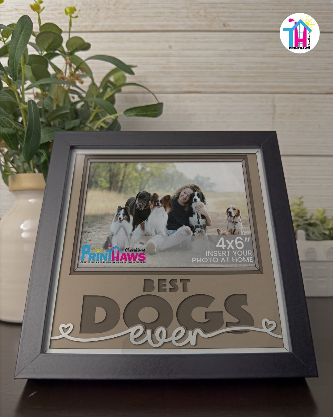 Best Dogs Ever - Crafted Memoirs Photo Frame By Printhaws Creations, Reclined View Of Matte Black Frame In Boulder Brown, Sunbeam Bliss Theme (Light, Radiant), 8x8 Frame Holds (4R) Photo -  For Your Pets