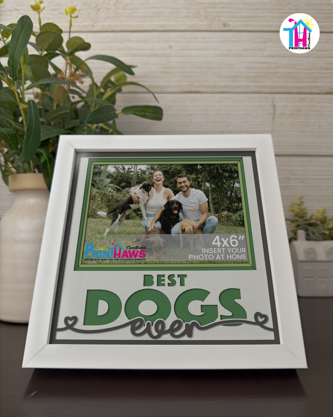 Best Dogs Ever - Crafted Memoirs Photo Frame By Printhaws Creations, Reclined View Of Matte White Frame In Emerald Green, Midnight Joy Theme (Dark, Radiant), 8x8 Frame Holds (4R) Photo -  For Your Pets
