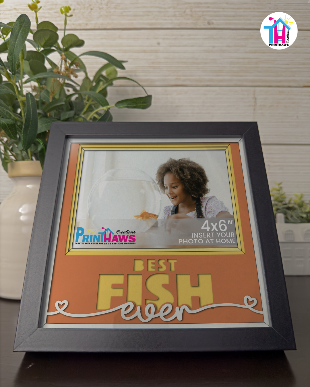 Best Fish Ever - Crafted Memoirs Photo Frame By Printhaws Creations, Reclined View Of Matte Black Frame In Citrine Orange, Midnight Joy Theme (Dark, Radiant), 8x8 Frame Holds (4R) Photo -  For Your Pets