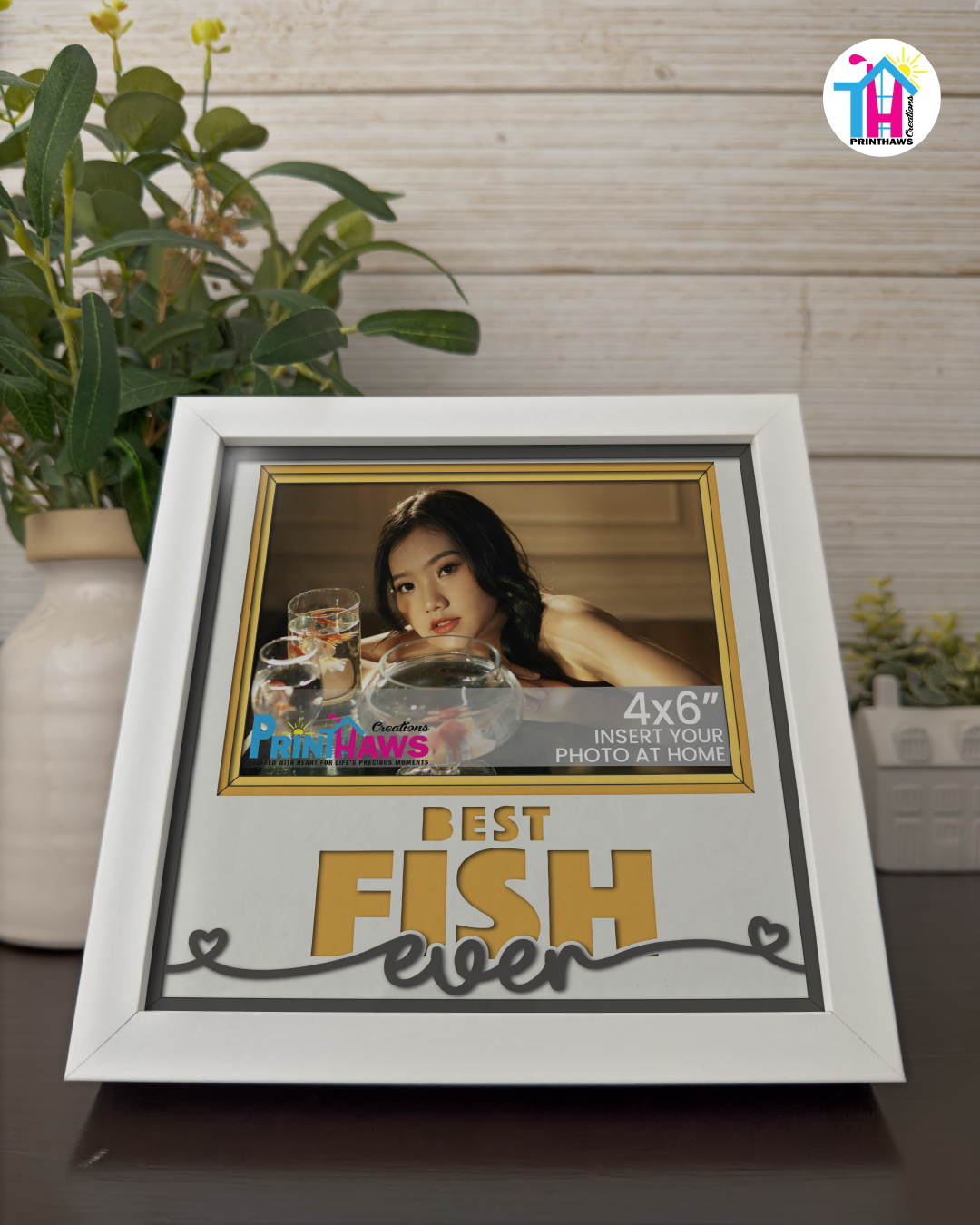 Best Fish Ever - Crafted Memoirs Photo Frame By Printhaws Creations, Reclined View Of Matte White Frame In Topaz Yellow, Midnight Joy Theme (Dark, Radiant), 8x8 Frame Holds (4R) Photo -  For Your Pets