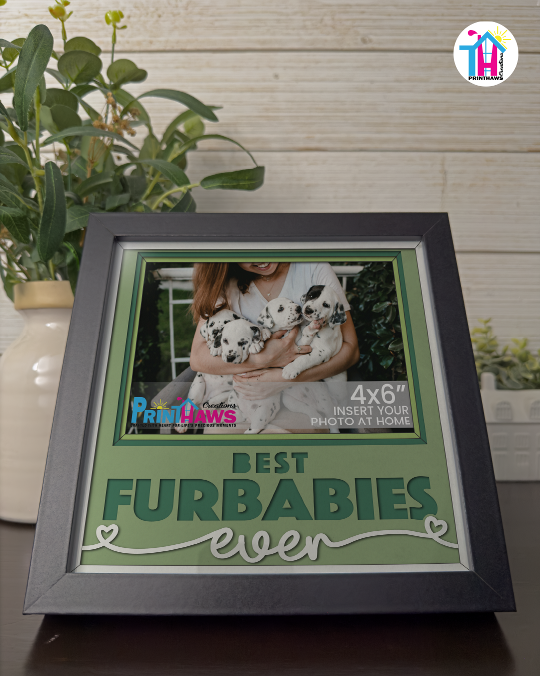 Best Furbabies Ever - Crafted Memoirs Photo Frame By Printhaws Creations, Reclined View Of Matte Black Frame In Emerald Green, Sunbeam Bliss Theme (Light, Radiant), 8x8 Frame Holds (4R) Photo -  For Your Pets