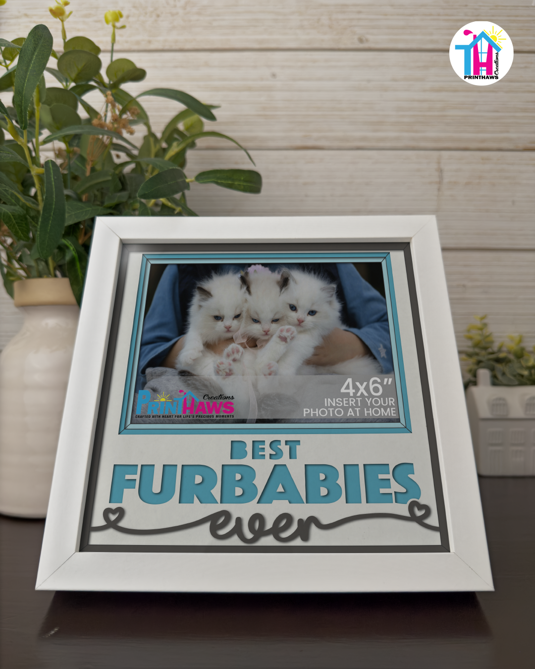 Best Furbabies Ever - Crafted Memoirs Photo Frame By Printhaws Creations, Reclined View Of Matte White Frame In Sapphire Blue, Sunbeam Bliss Theme (Light, Radiant), 8x8 Frame Holds (4R) Photo -  For Your Pets