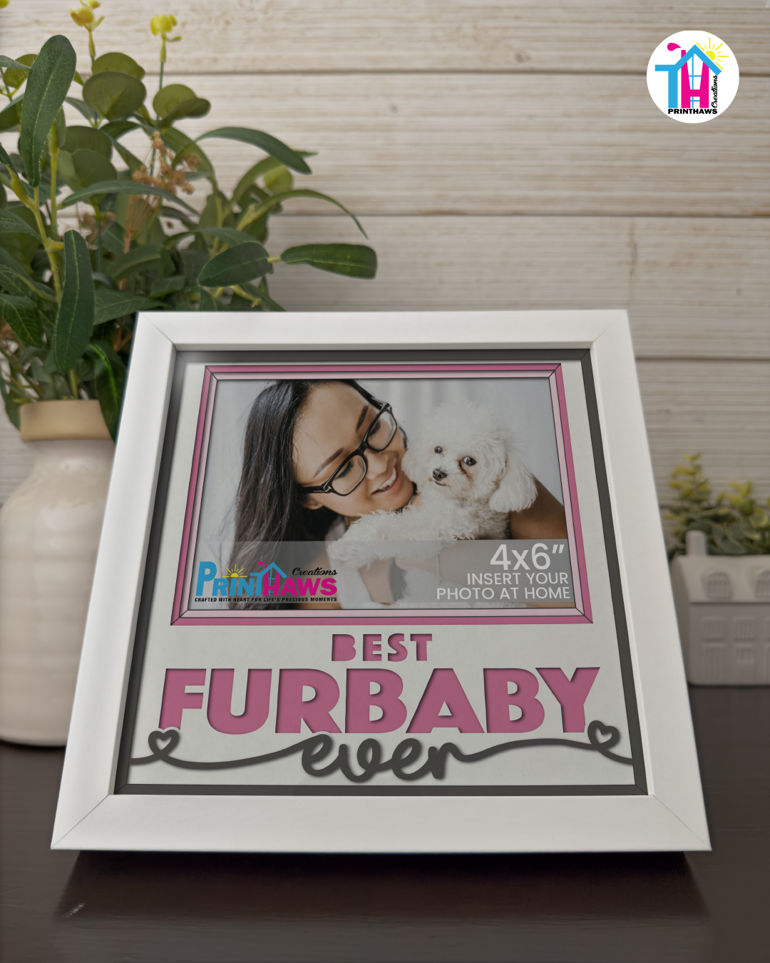 Best Furbaby Ever - Crafted Memoirs Photo Frame By Printhaws Creations, Reclined View Of Matte White Frame In Quartz Pink, Midnight Joy Theme (Dark, Radiant), 8x8 Frame Holds (4R) Photo -  For Your Pets