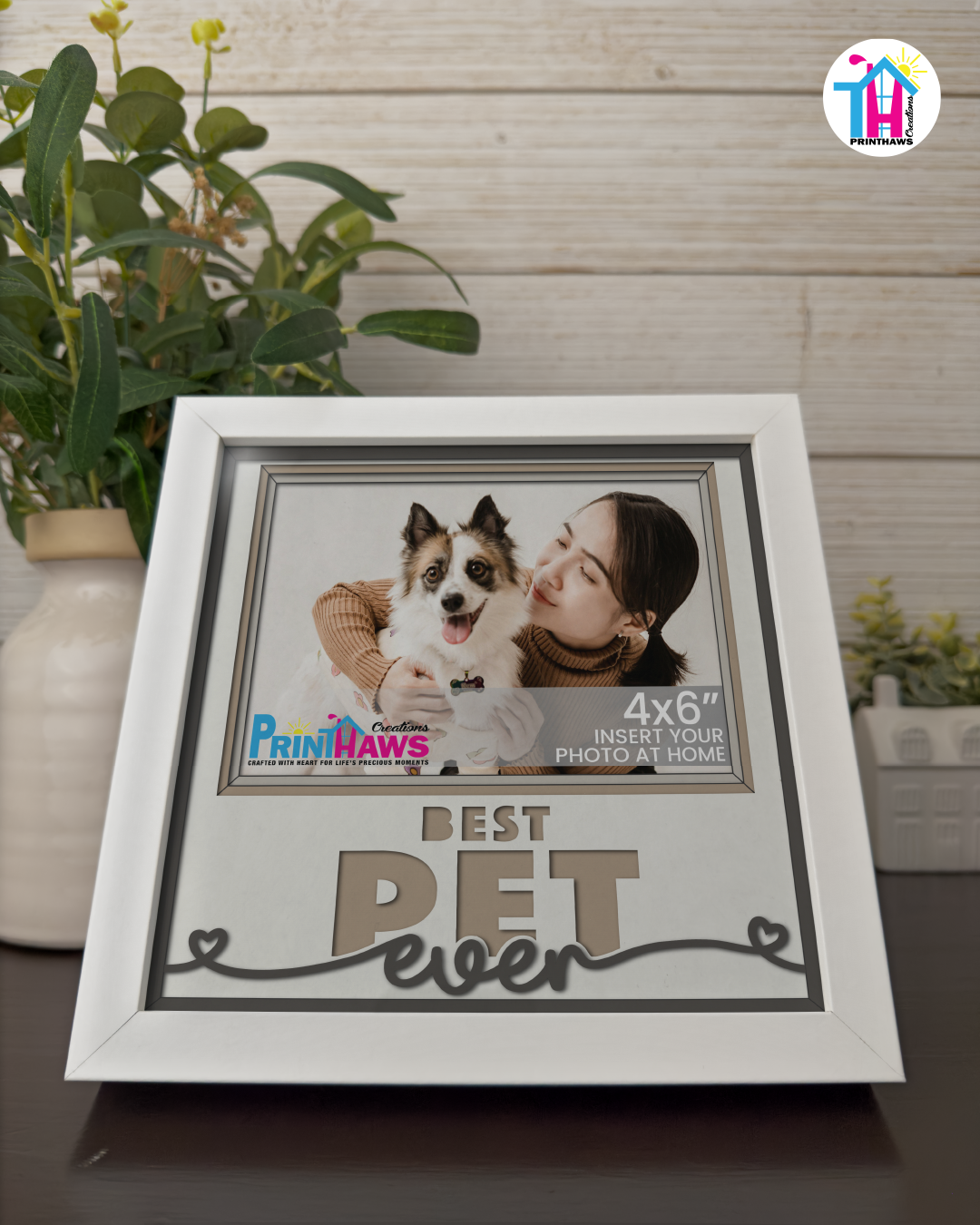 Best Pet Ever - Crafted Memoirs Photo Frame By Printhaws Creations, Reclined View Of Matte White Frame In Boulder Brown, Sunbeam Bliss Theme (Light, Radiant), 8x8 Frame Holds (4R) Photo -  For Your Pets