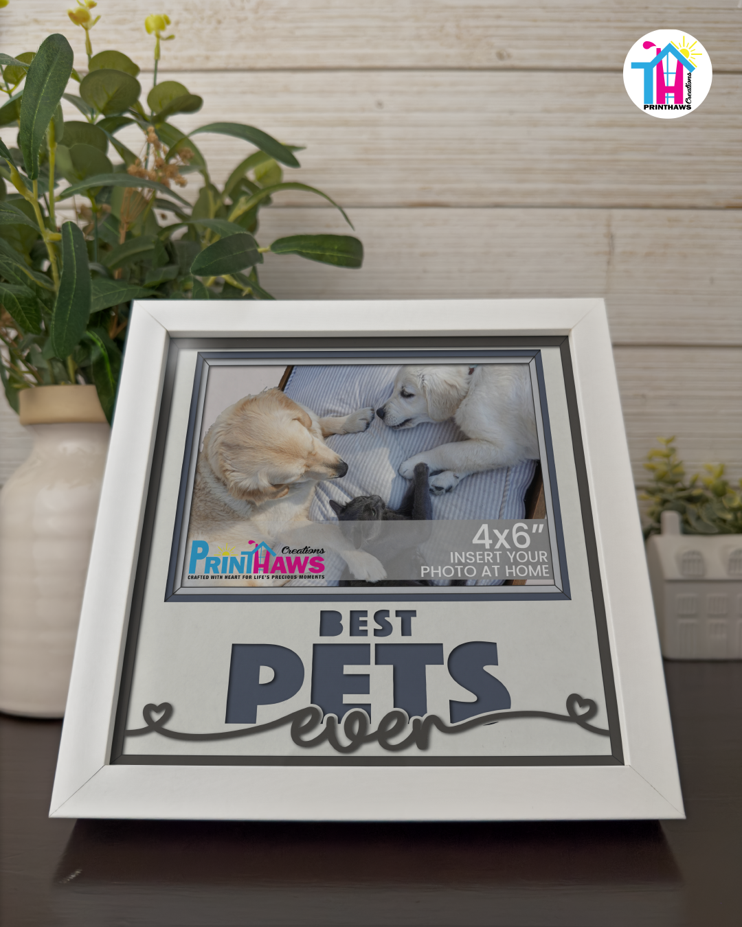 Best Pets Ever - Crafted Memoirs Photo Frame By Printhaws Creations, Reclined View Of Matte White Frame In Moonstone Gray, Midnight Joy Theme (Dark, Radiant), 8x8 Frame Holds (4R) Photo -  For Your Pets