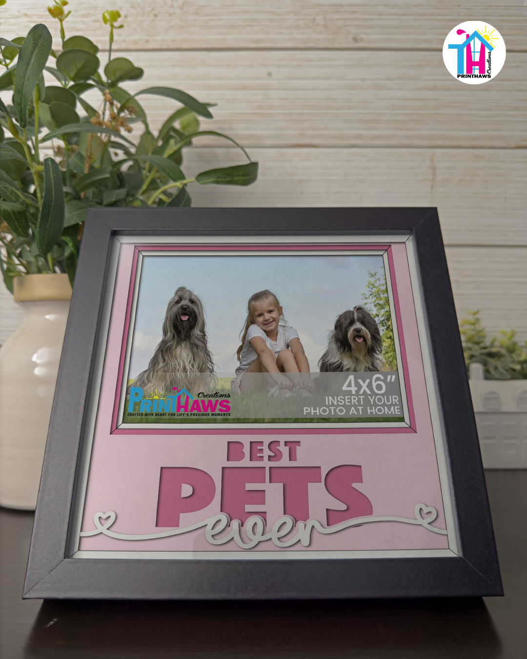 Best Pets Ever - Crafted Memoirs Photo Frame By Printhaws Creations, Reclined View Of Matte Black Frame In Quartz Pink, Sunbeam Bliss Theme (Light, Radiant), 8x8 Frame Holds (4R) Photo -  For Your Pets