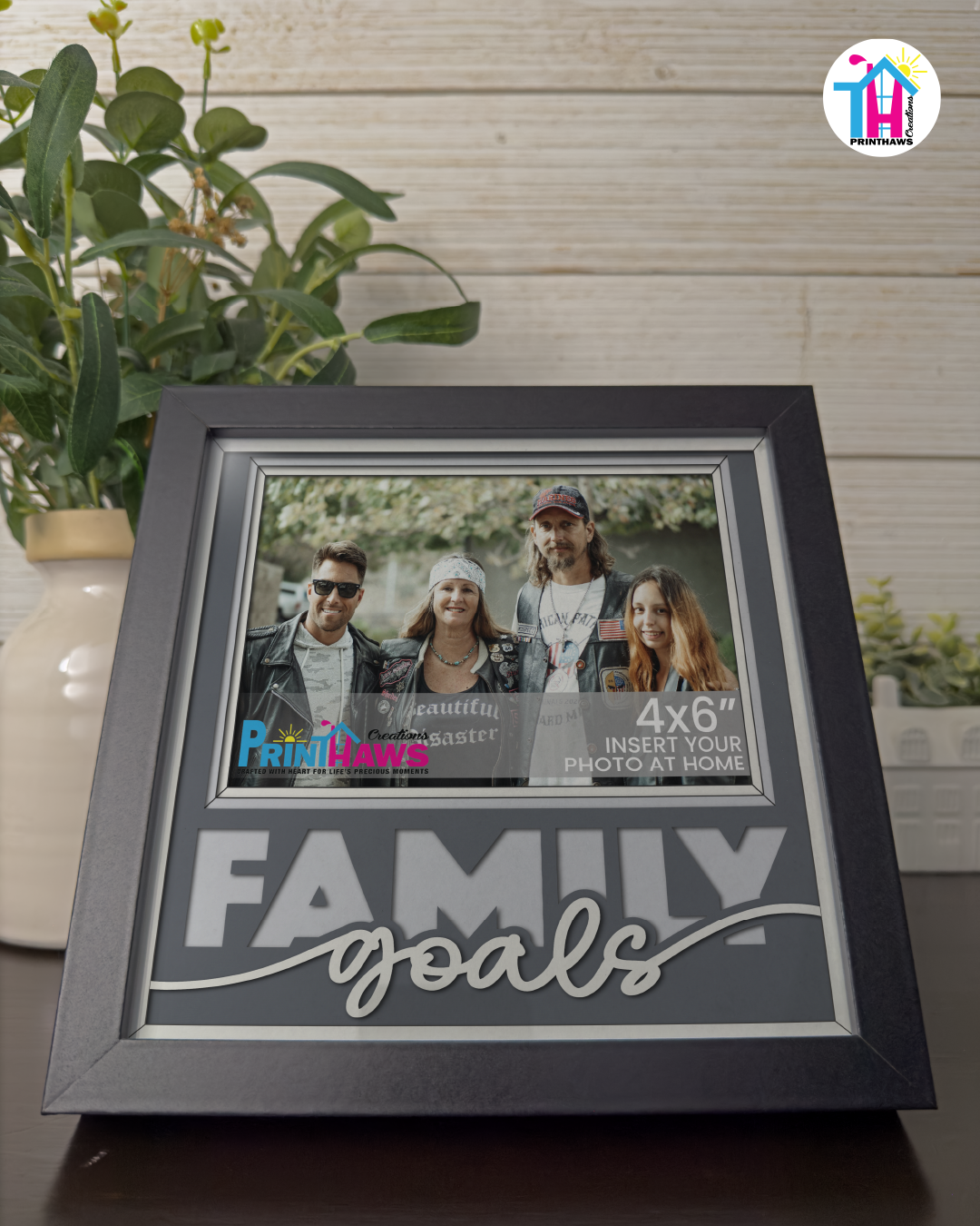 Family Goals - Crafted Memoirs Photo Frame By Printhaws Creations, Reclined View Of Matte Black Frame In Moonstone Gray, Nightfall Affection Theme (Dark, Timeless), 8x8 Frame Holds (4R) Photo -  For Family Moments Together