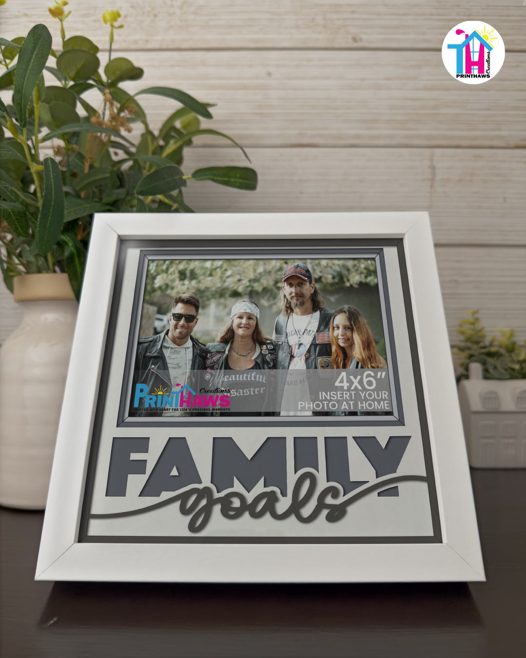 Family Goals - Crafted Memoirs Photo Frame By Printhaws Creations, Reclined View Of Matte White Frame In Moonstone Gray, Nightfall Affection Theme (Dark, Timeless), 8x8 Frame Holds (4R) Photo -  For Family Moments Together