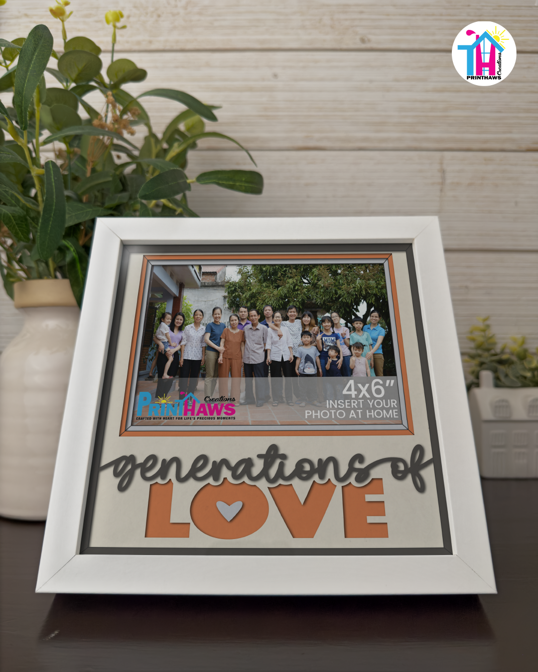 Generations Of Love - Crafted Memoirs Photo Frame By Printhaws Creations, Reclined View Of Matte White Frame In Citrine Orange, Heirloom Glory Theme (Vintage, Timeless), 8x8 Frame Holds (4R) Photo -  For Family Moments Together