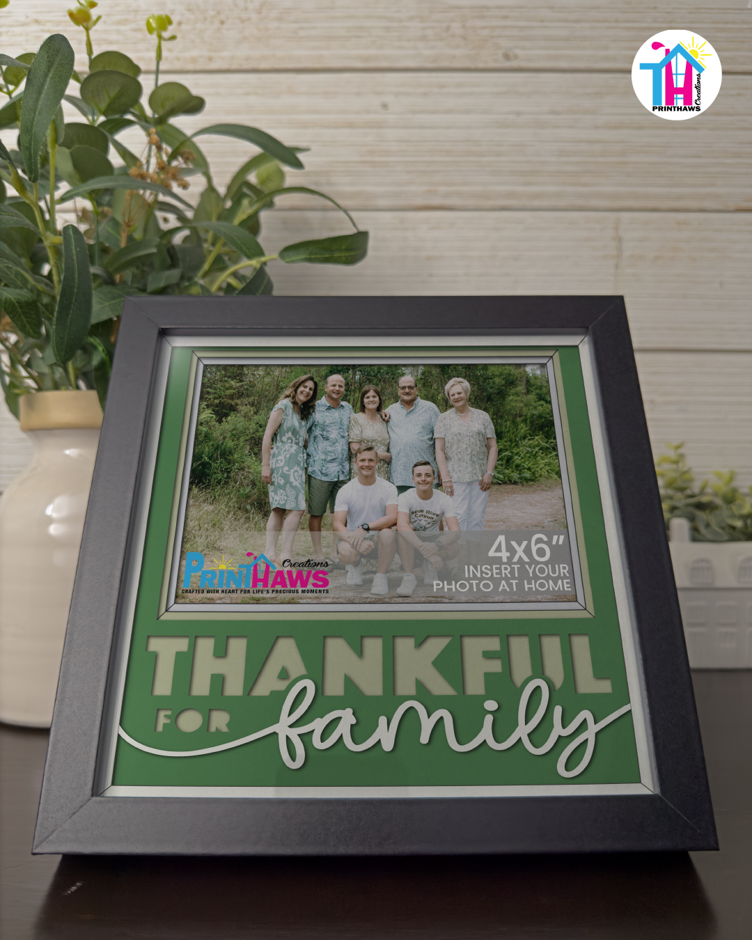 Thankful For Family - Crafted Memoirs Photo Frame By Printhaws Creations, Reclined View Of Matte Black Frame In Emerald Green, Nightfall Affection Theme (Dark, Timeless), 8x8 Frame Holds (4R) Photo -  For Family Moments Together