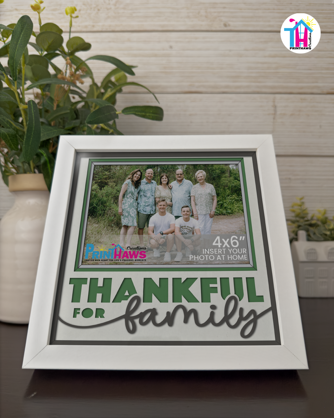 Thankful For Family - Crafted Memoirs Photo Frame By Printhaws Creations, Reclined View Of Matte White Frame In Emerald Green, Nightfall Affection Theme (Dark, Timeless), 8x8 Frame Holds (4R) Photo -  For Family Moments Together