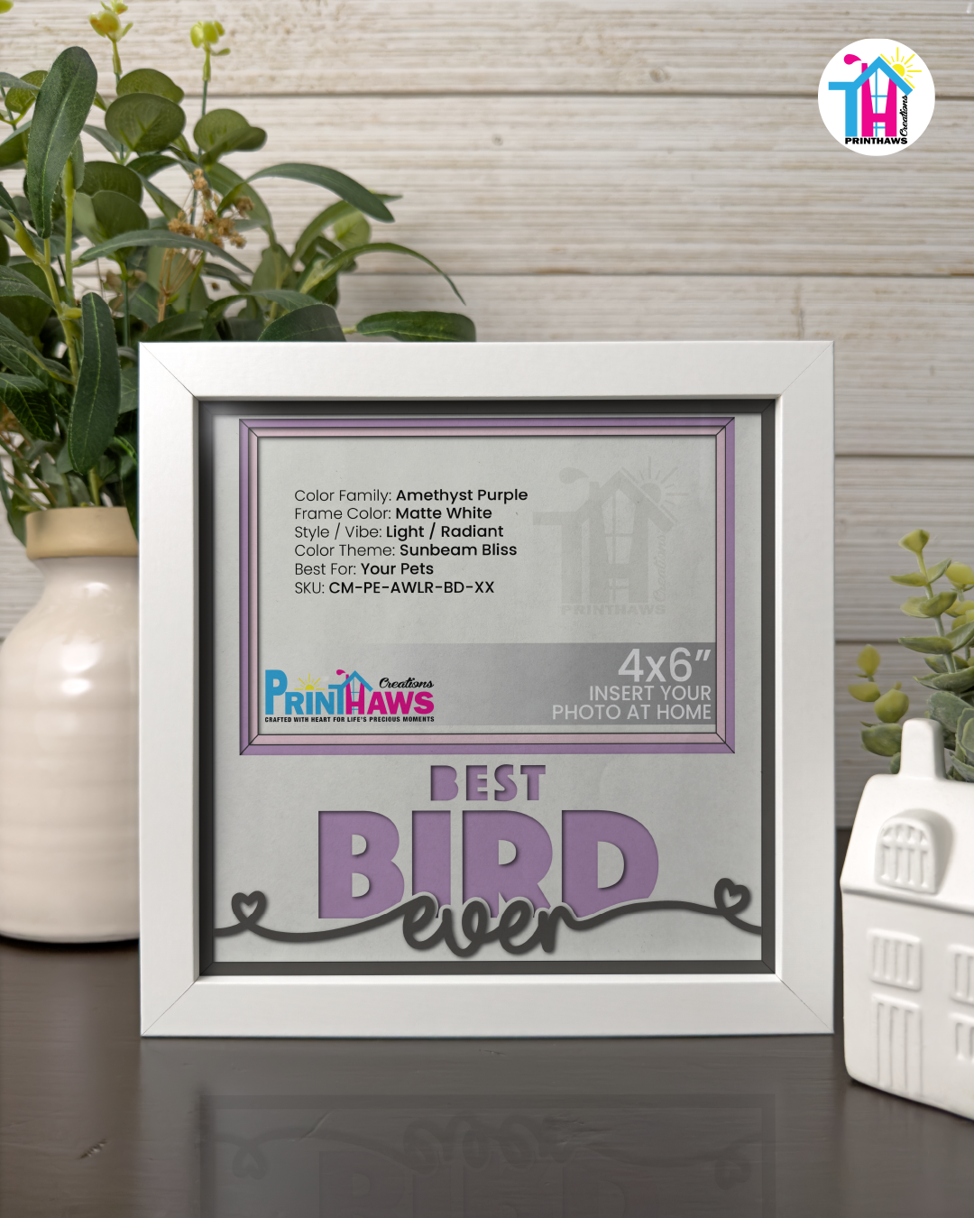 Best Bird Ever - Crafted Memoirs Photo Frame By Printhaws Creations, Matte White Frame In Amethyst Purple, Sunbeam Bliss Theme (Light, Radiant), 8x8 Frame Holds (4R) Photo -  For Your Pets