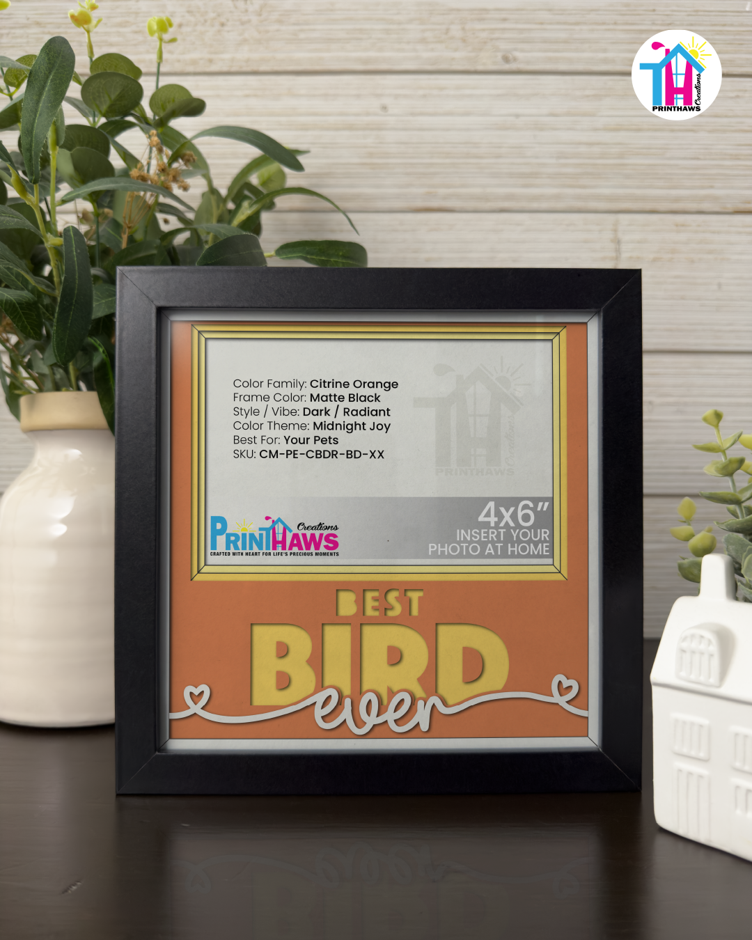 Best Bird Ever - Crafted Memoirs Photo Frame By Printhaws Creations, Matte Black Frame In Citrine Orange, Midnight Joy Theme (Dark, Radiant), 8x8 Frame Holds (4R) Photo -  For Your Pets