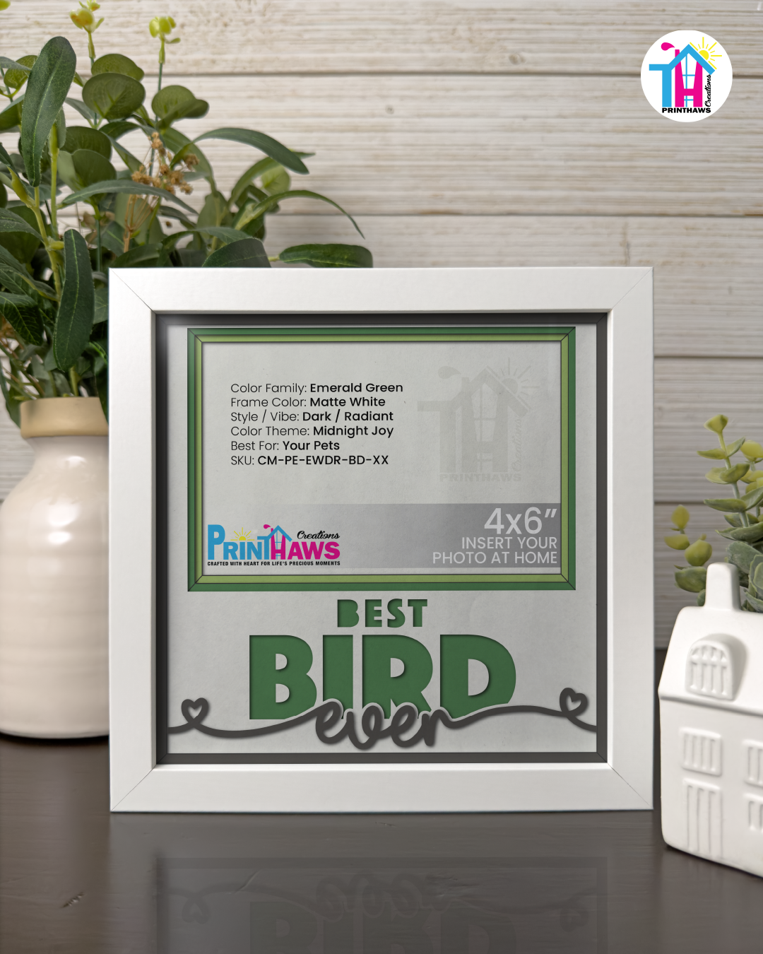 Best Bird Ever - Crafted Memoirs Photo Frame By Printhaws Creations, Matte White Frame In Emerald Green, Midnight Joy Theme (Dark, Radiant), 8x8 Frame Holds (4R) Photo -  For Your Pets