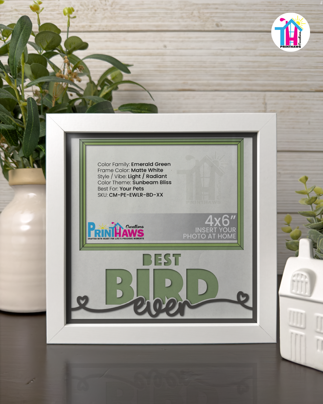 Best Bird Ever - Crafted Memoirs Photo Frame By Printhaws Creations, Matte White Frame In Emerald Green, Sunbeam Bliss Theme (Light, Radiant), 8x8 Frame Holds (4R) Photo -  For Your Pets