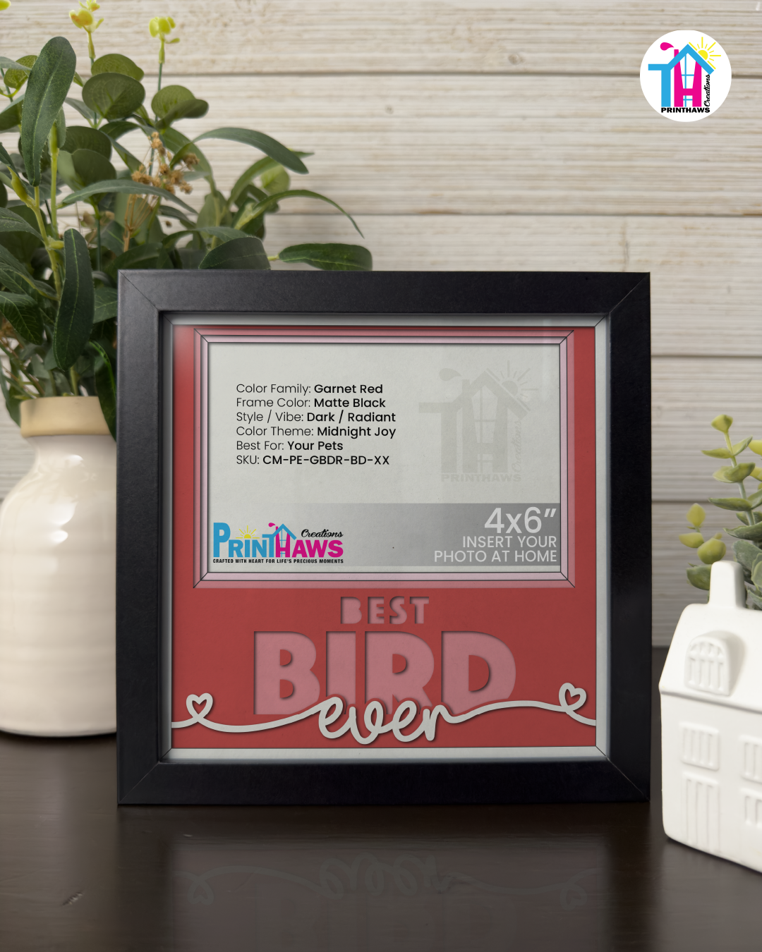Best Bird Ever - Crafted Memoirs Photo Frame By Printhaws Creations, Matte Black Frame In Garnet Red, Midnight Joy Theme (Dark, Radiant), 8x8 Frame Holds (4R) Photo -  For Your Pets