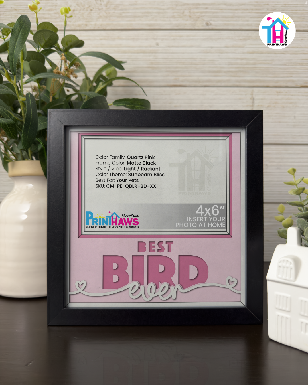 Best Bird Ever - Crafted Memoirs Photo Frame By Printhaws Creations, Matte Black Frame In Quartz Pink, Sunbeam Bliss Theme (Light, Radiant), 8x8 Frame Holds (4R) Photo -  For Your Pets