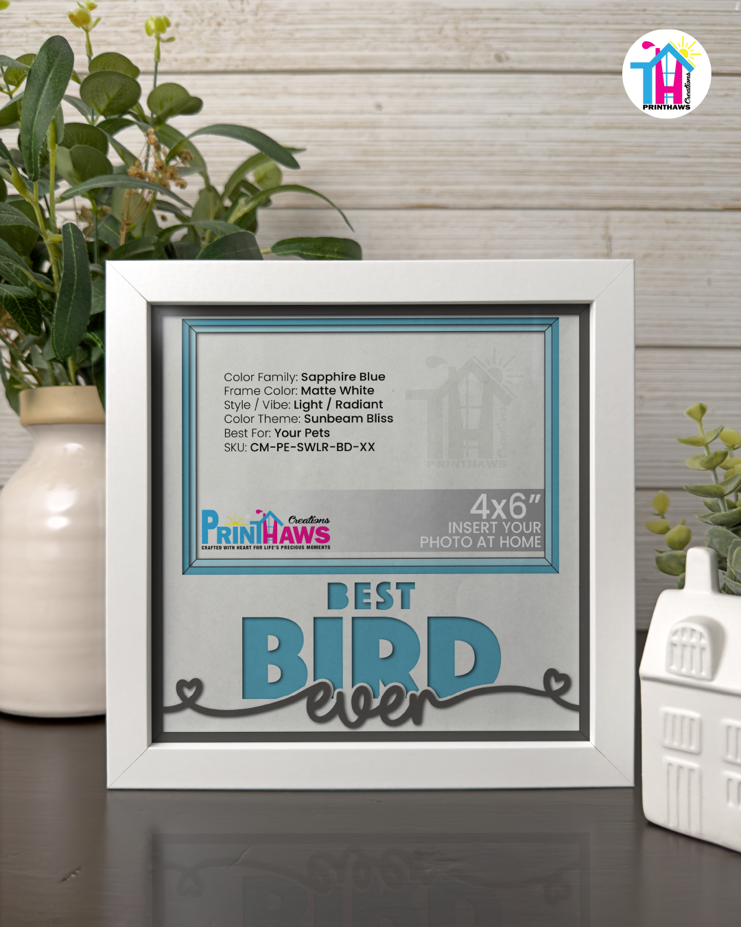 Best Bird Ever - Crafted Memoirs Photo Frame By Printhaws Creations, Matte White Frame In Sapphire Blue, Sunbeam Bliss Theme (Light, Radiant), 8x8 Frame Holds (4R) Photo -  For Your Pets