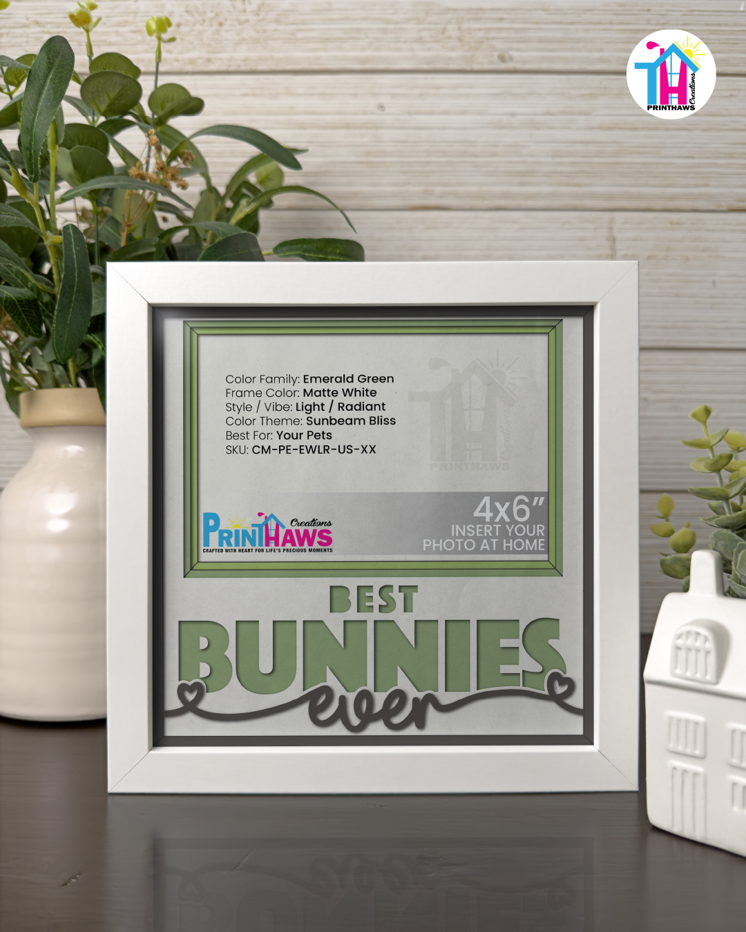 Best Bunnies Ever - Crafted Memoirs Photo Frame By Printhaws Creations, Matte White Frame In Emerald Green, Sunbeam Bliss Theme (Light, Radiant), 8x8 Frame Holds (4R) Photo -  For Your Pets