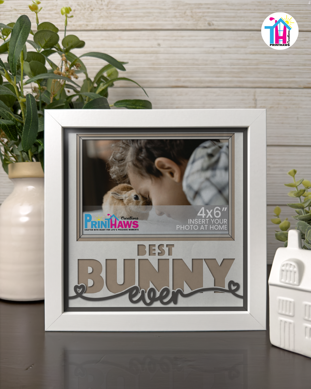 Best Bunny Ever - Crafted Memoirs Photo Frame By Printhaws Creations, Matte White Frame In Boulder Brown, Sunbeam Bliss Theme (Light, Radiant), 8x8 Frame Holds (4R) Photo -  For Your Pets