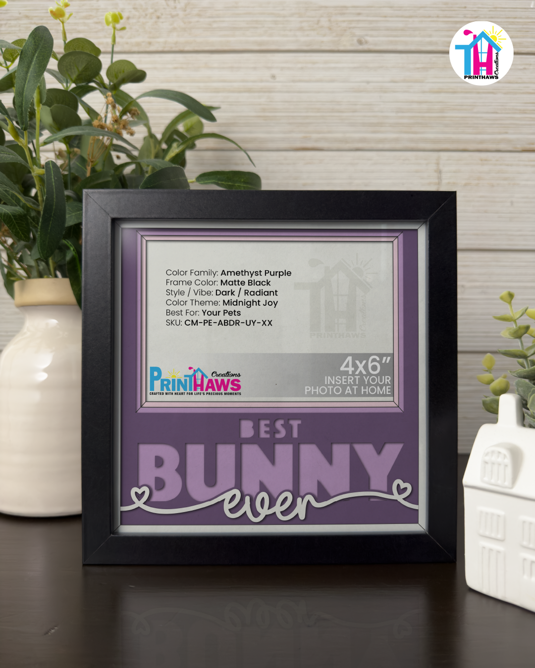 Best Bunny Ever - Crafted Memoirs Photo Frame By Printhaws Creations, Matte Black Frame In Amethyst Purple, Midnight Joy Theme (Dark, Radiant), 8x8 Frame Holds (4R) Photo -  For Your Pets