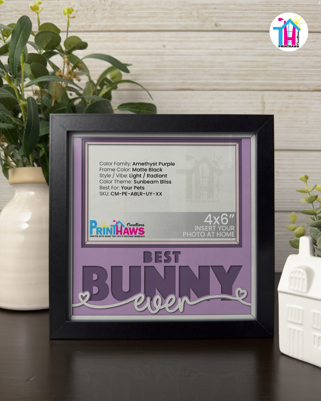 Best Bunny Ever - Crafted Memoirs Photo Frame By Printhaws Creations, Matte Black Frame In Amethyst Purple, Sunbeam Bliss Theme (Light, Radiant), 8x8 Frame Holds (4R) Photo -  For Your Pets