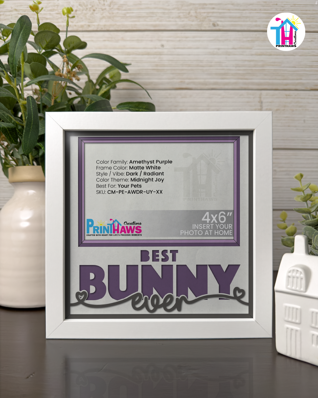 Best Bunny Ever - Crafted Memoirs Photo Frame By Printhaws Creations, Matte White Frame In Amethyst Purple, Midnight Joy Theme (Dark, Radiant), 8x8 Frame Holds (4R) Photo -  For Your Pets