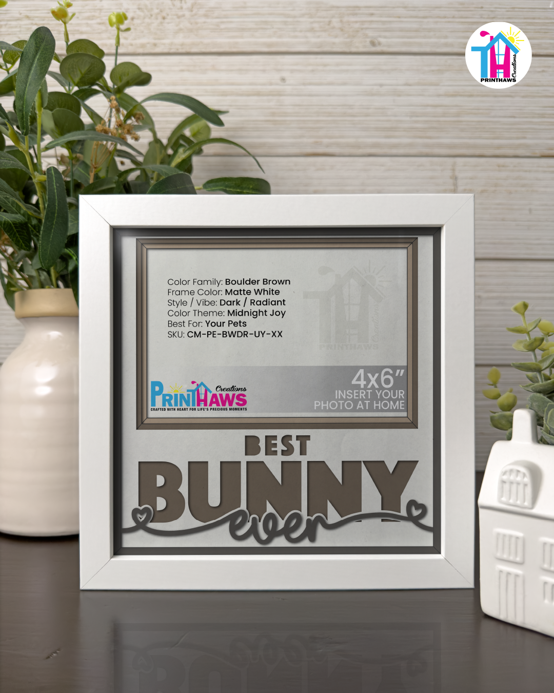 Best Bunny Ever - Crafted Memoirs Photo Frame By Printhaws Creations, Matte White Frame In Boulder Brown, Midnight Joy Theme (Dark, Radiant), 8x8 Frame Holds (4R) Photo -  For Your Pets
